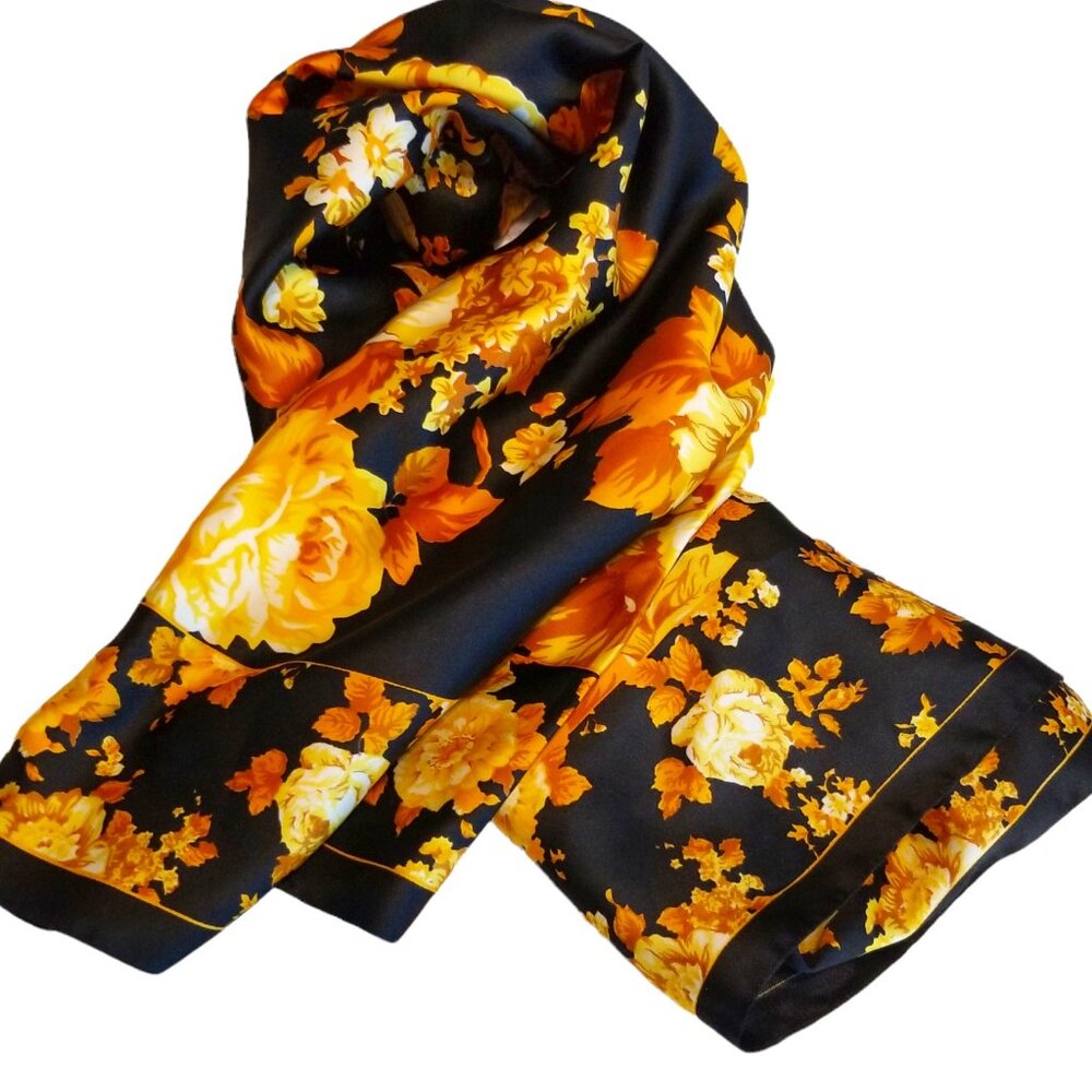 The Art of the Scarf-Vintage Italian Scarf by The Tie Rack Black w/Golden Roses
